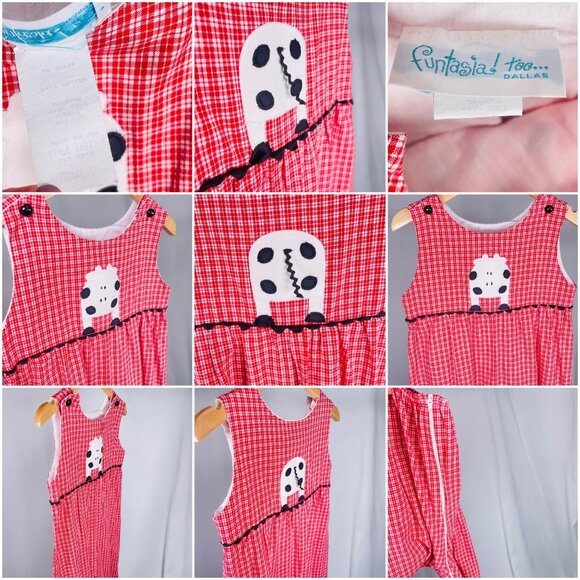 Vintage Funtasia Red Gingham Cow Appliqué Longalls Romper Outfit 3T - Picture 2 of 13